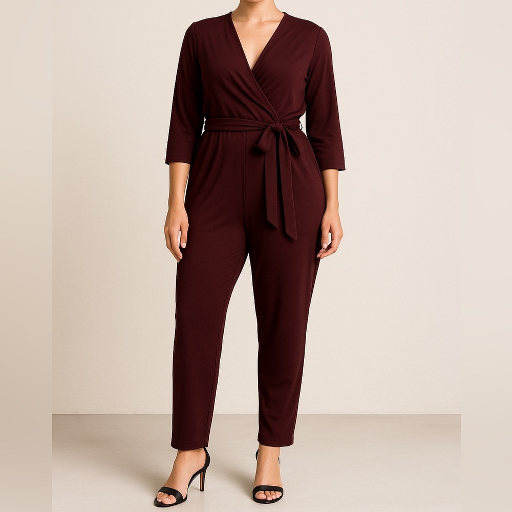 Express Burgundy Faux-Wrap Tie Waist Jumpsuit Size Small